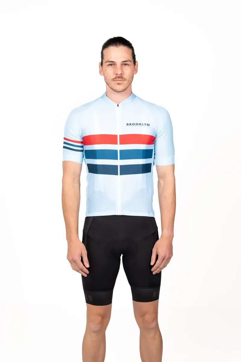 The Men's Pro Cycling Cafe Racer Jersey Light Blue front view